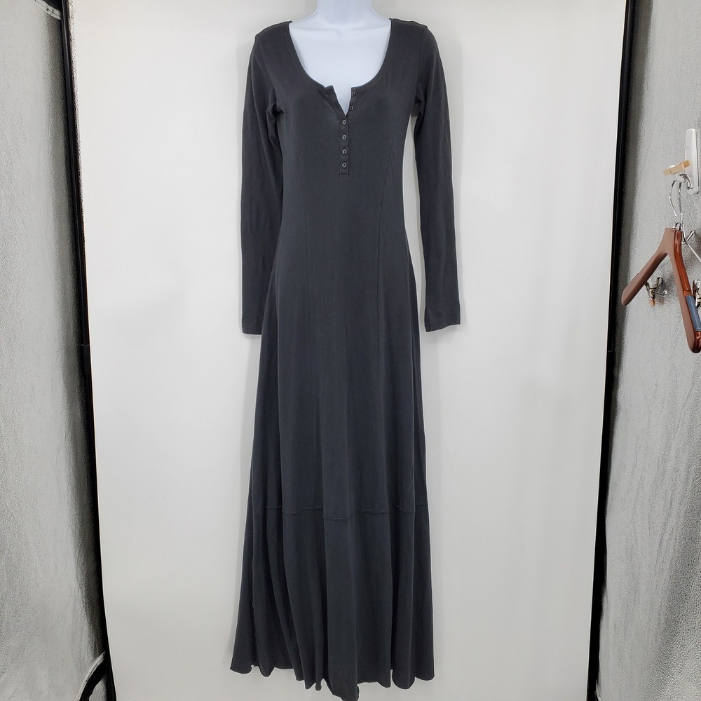 Free People Beach Black Henley Long Sleeve Maxi Dress XS Minimalist Morticia